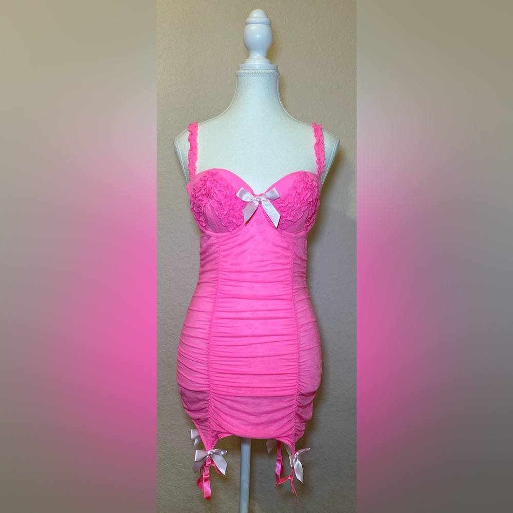 Victoria’s Secret Sexy Little Things Pink Ruched Garter Slip Dress Lingerie 36C